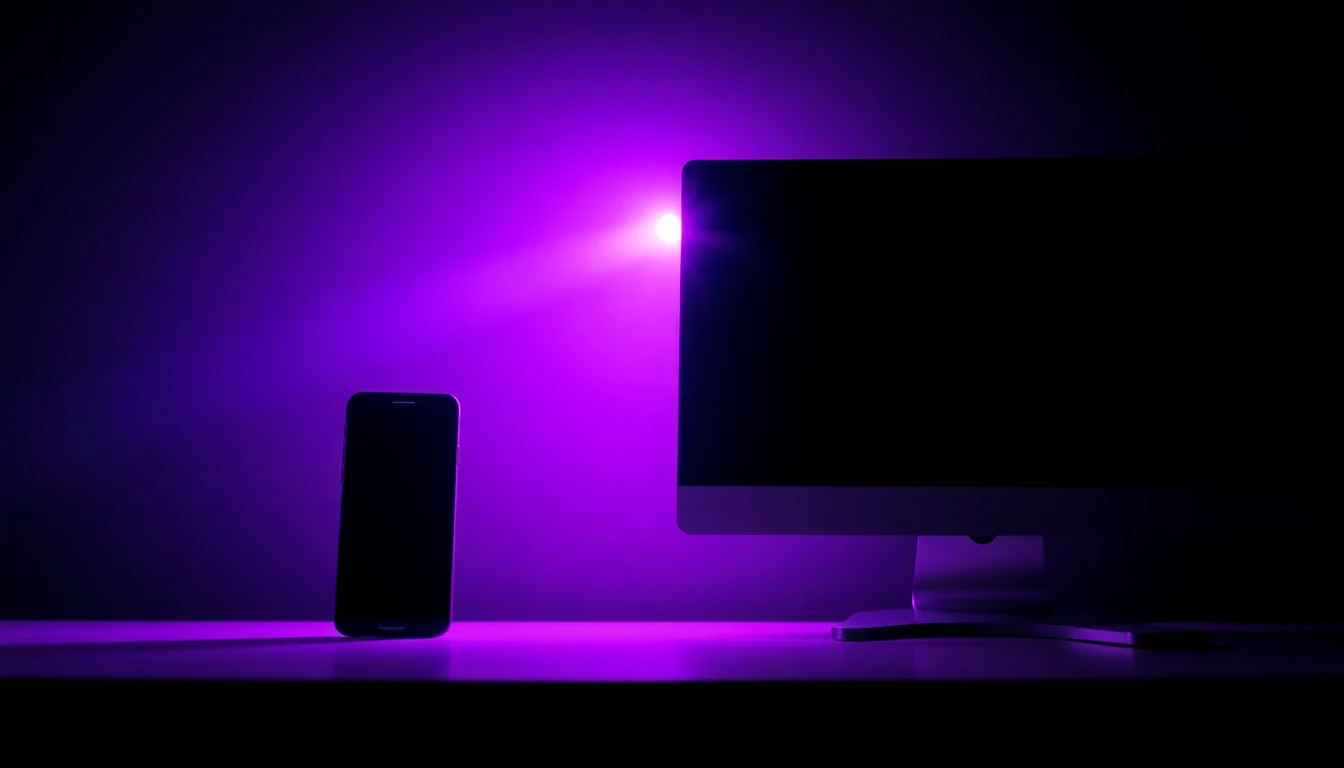 Comparação de um smartphone brilhante ao lado de um monitor de desktop apagado em um estúdio neon escuro