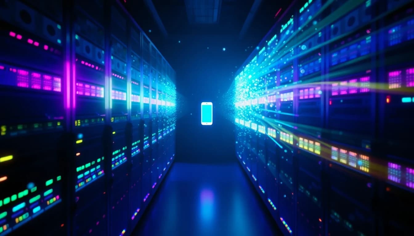 Cluster de GPU na nuvem abstrato renderizando um clipe de vídeo com IA, racks de servidores brilhantes enviando dados em direção à silhueta de um celular