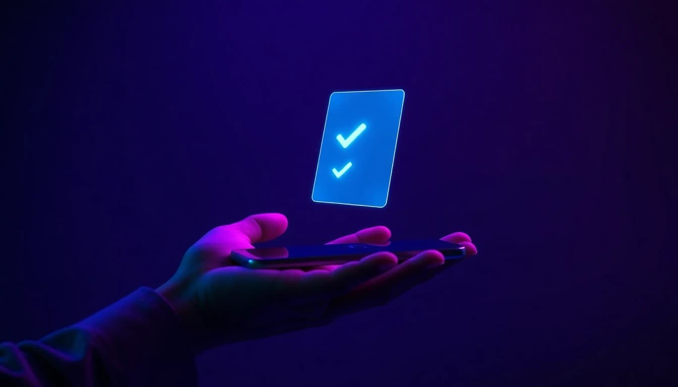 Lista de recursos de aplicativo de vídeo móvel brilhando como painéis holográficos acima de um smartphone, com tons neon roxo e ciano