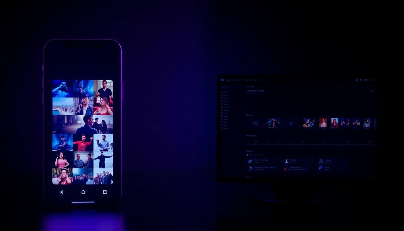 Visualização neon em tela dividida de uma interface de aplicativo de vídeo móvel vibrante ao lado de uma linha do tempo de desktop mais apagada