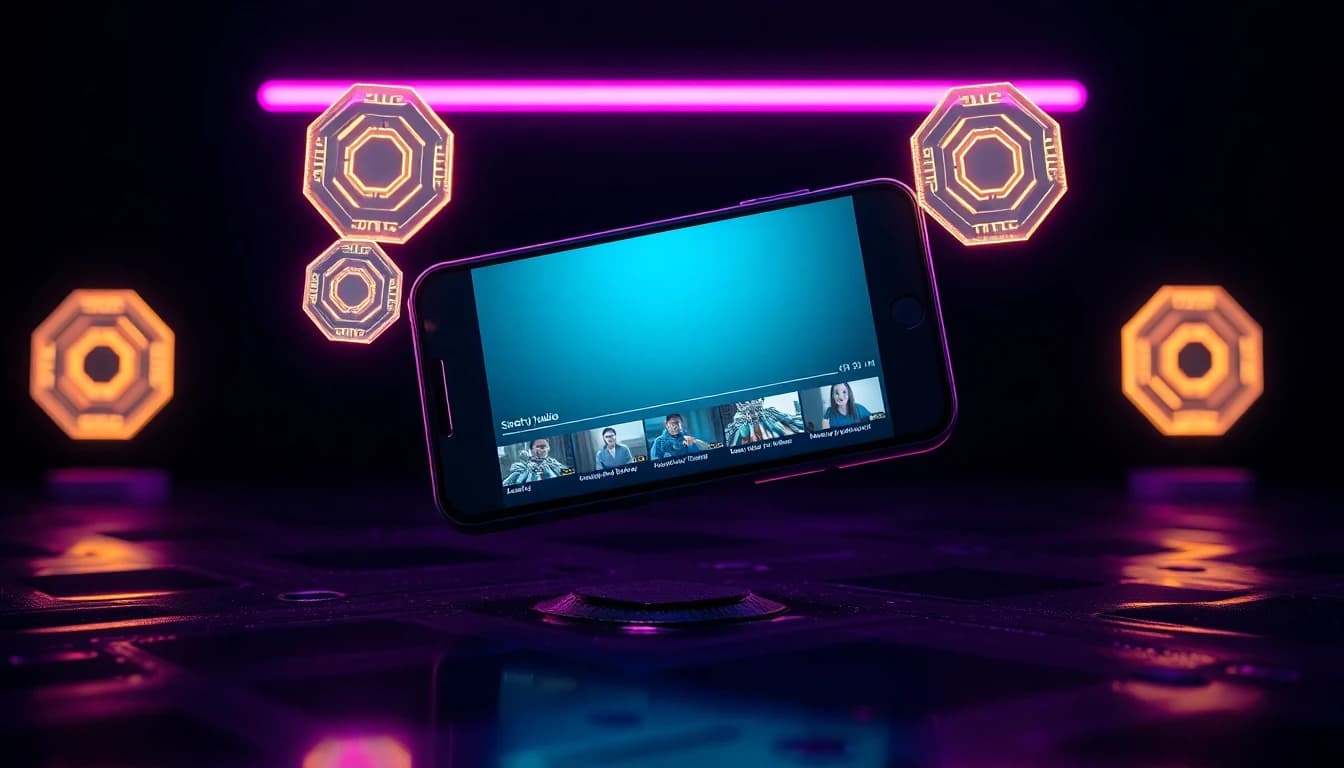 AI video creator app interface glowing on a smartphone screen with a vertical video timeline in a dark neon studio