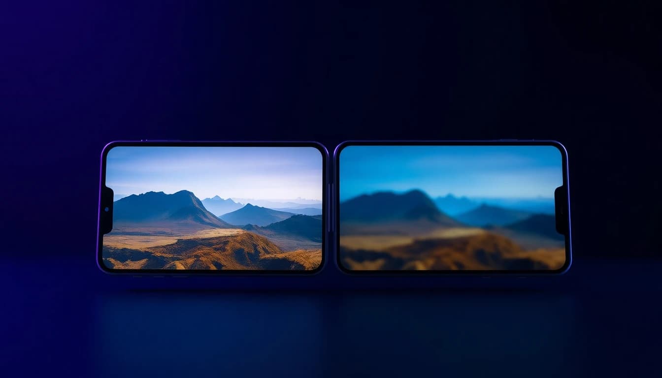 Ein Handy zeigt ein scharfes HD-Videobild neben einem Entwurf mit niedrigerer Auflösung