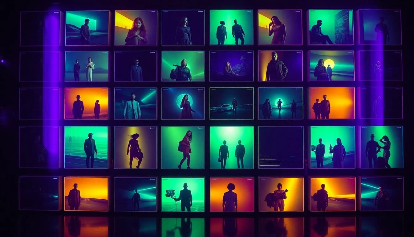 Ein Raster aus Modellkarten in einer dunklen Neon-Oberfläche, jede zeigt einen anderen filmischen Beispielclip
