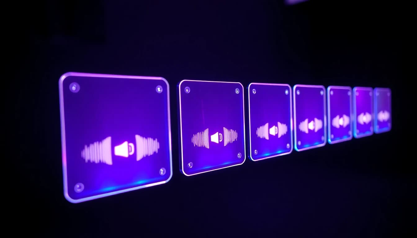 Concepto de selector de modelos con ondas de sonido brillantes unidas a distintas tarjetas de modelos de video con IA en un estudio oscuro