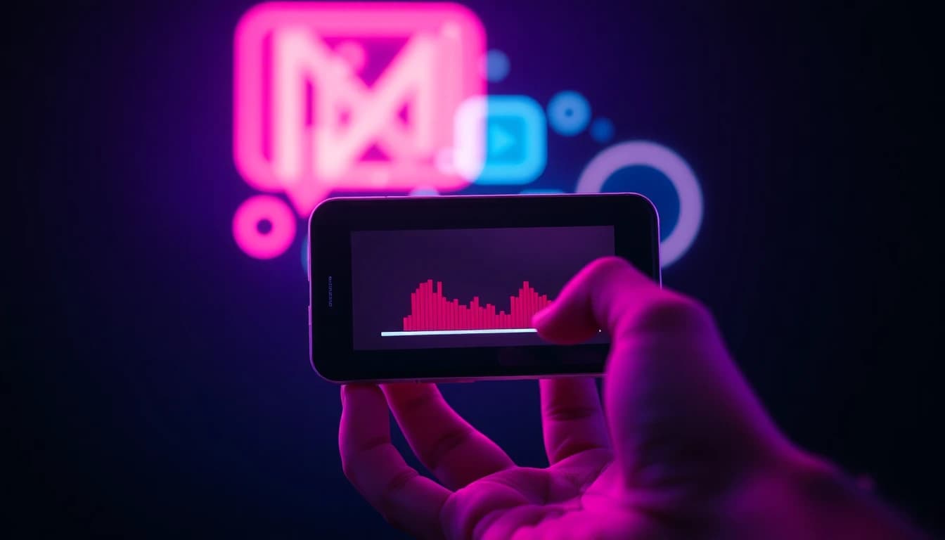 Una mano sostiene un teléfono mientras ondas de sonido y globos de diálogo salen de un fotograma de video en pausa, concepto de video IA con voz