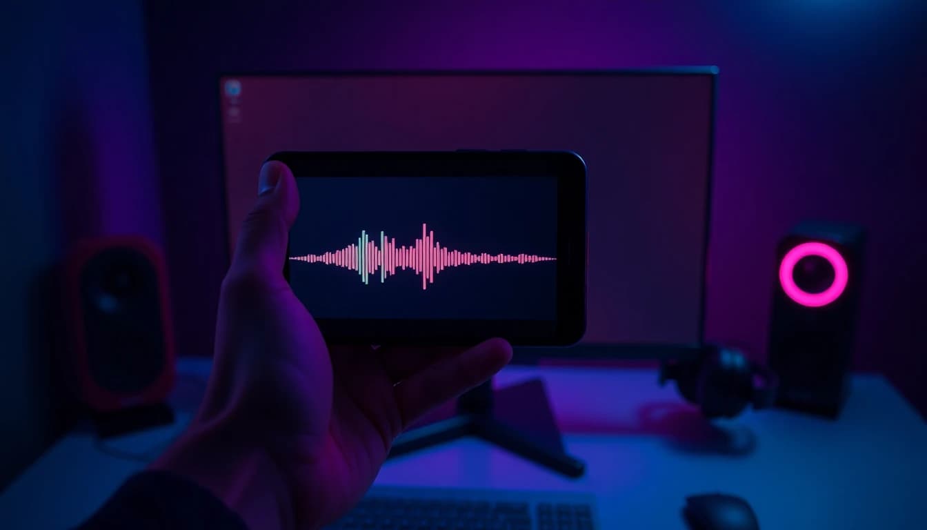Un creador revisa en su teléfono un clip vertical terminado con una forma de onda brillante debajo, flujo de trabajo de video con IA y sonido