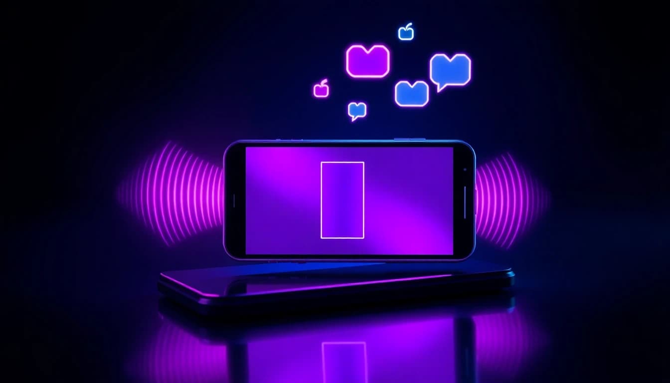 AI video with voice concept: glowing sound waves flowing out of a phone showing a talking video in a dark neon studio