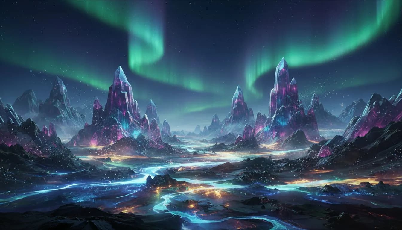 Surreal dreamlike landscape with flowing rivers of light and crystal mountains reflecting purple and teal colors