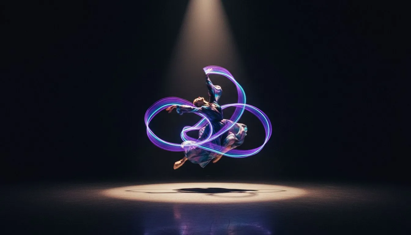 Eleganter Tänzer mit bunten Neon-Lichtspuren in dunklem Studio, dramatische violett-cyanfarbene Streifen