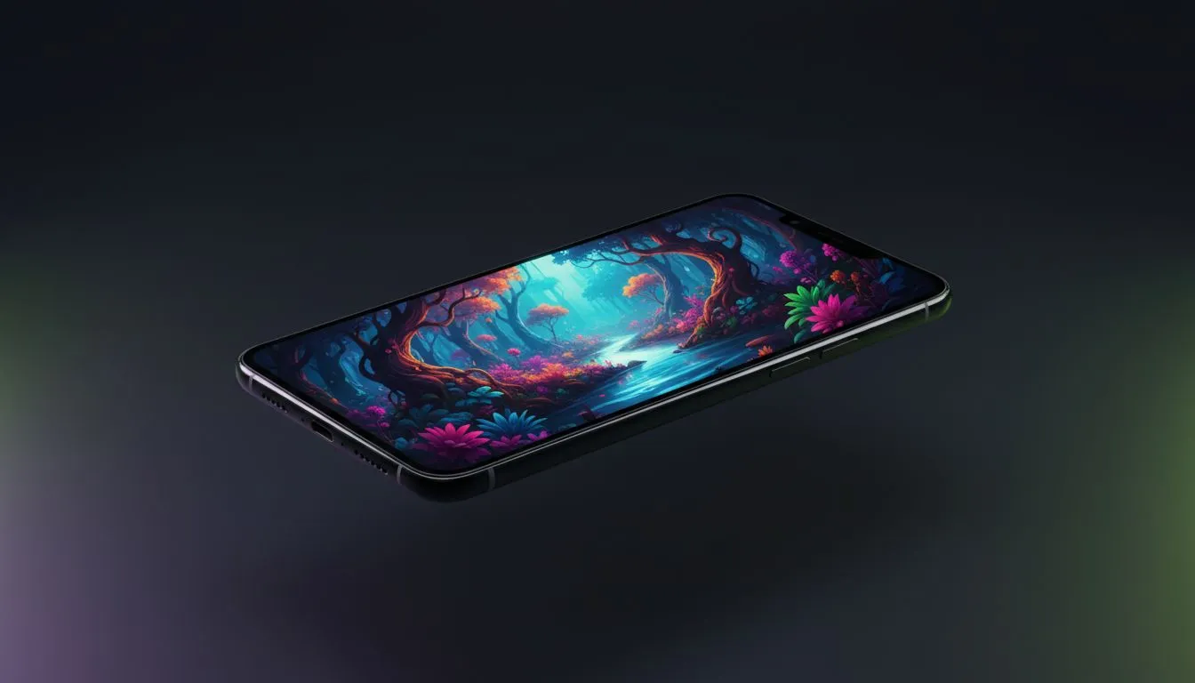 Smartphone showing a vibrant AI-generated nature video on screen with soft neon ambient lighting