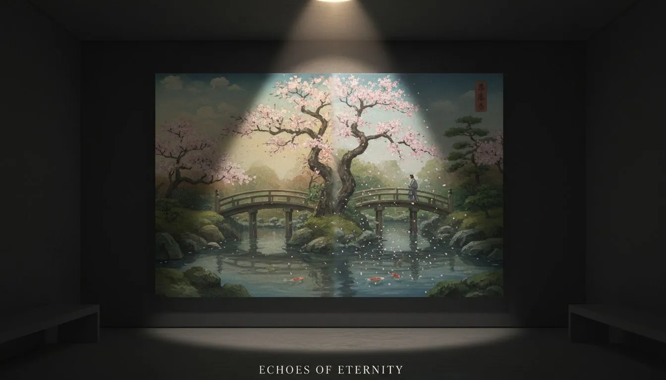Painting canvas transitioning into a living video scene of a Japanese garden with falling cherry blossoms