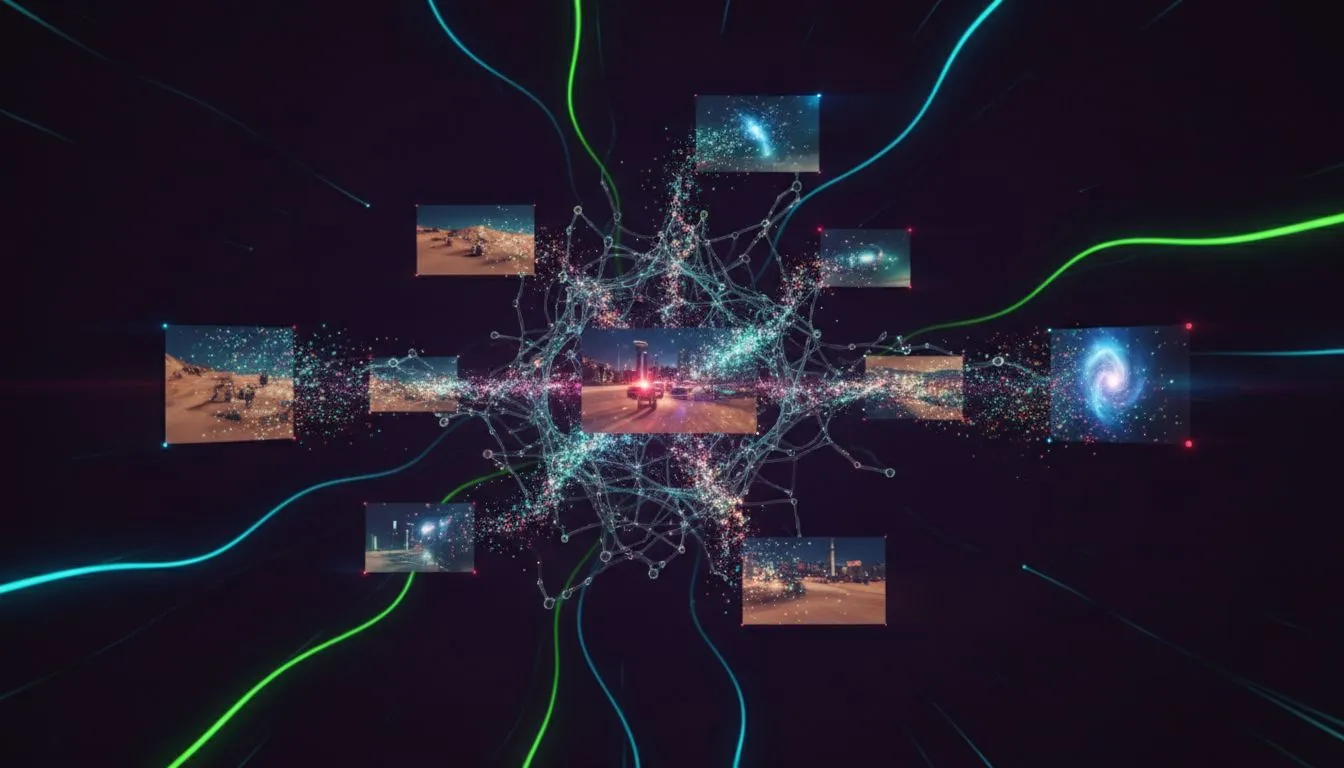 WAN AI video generator visualization with colorful data streams forming video frames on a dark purple background