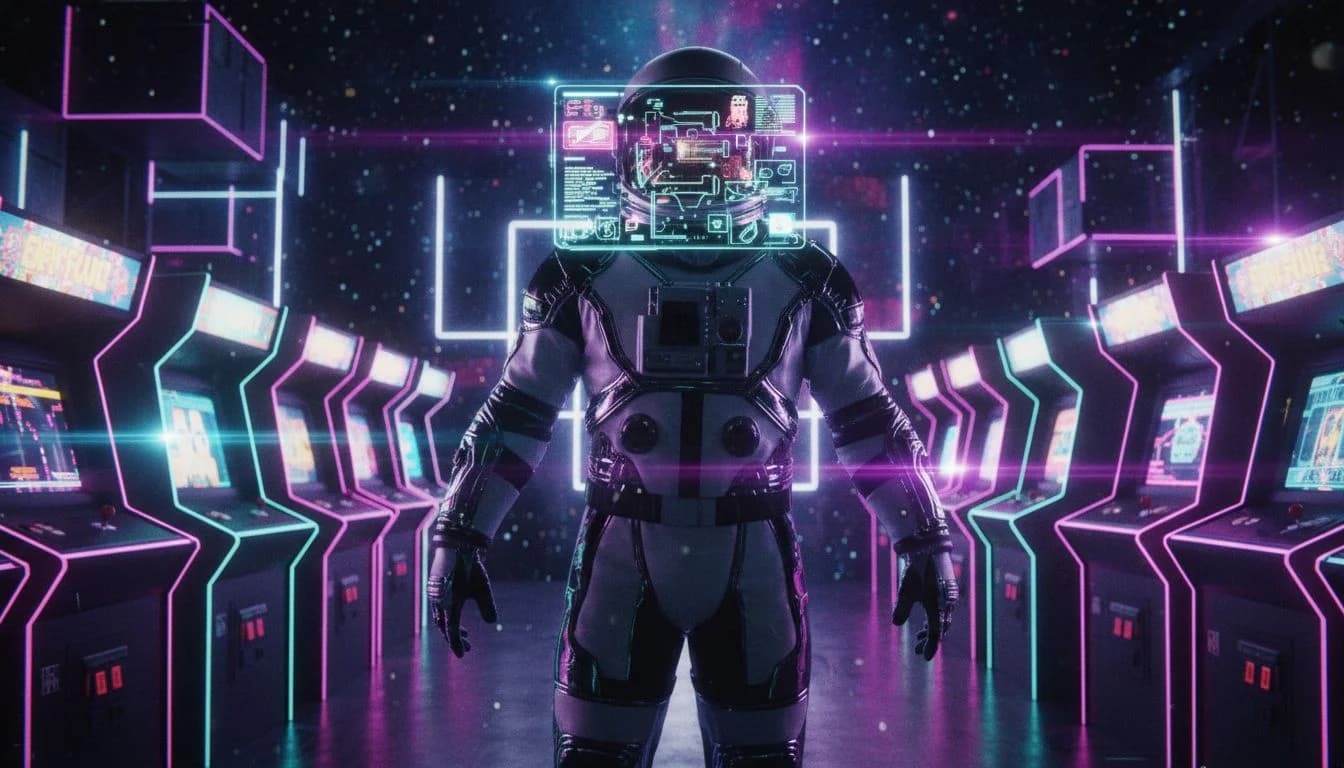 Grok Imagine Video AI model example: confident astronaut in a neon retro arcade space with holographic UI panels