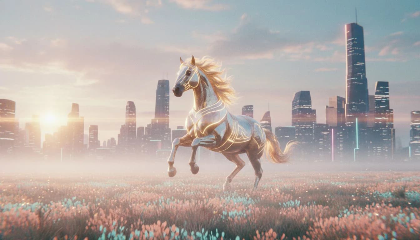 Happy Horse 1.0 AI video model example: a golden horse galloping through misty pastel meadow at dawn