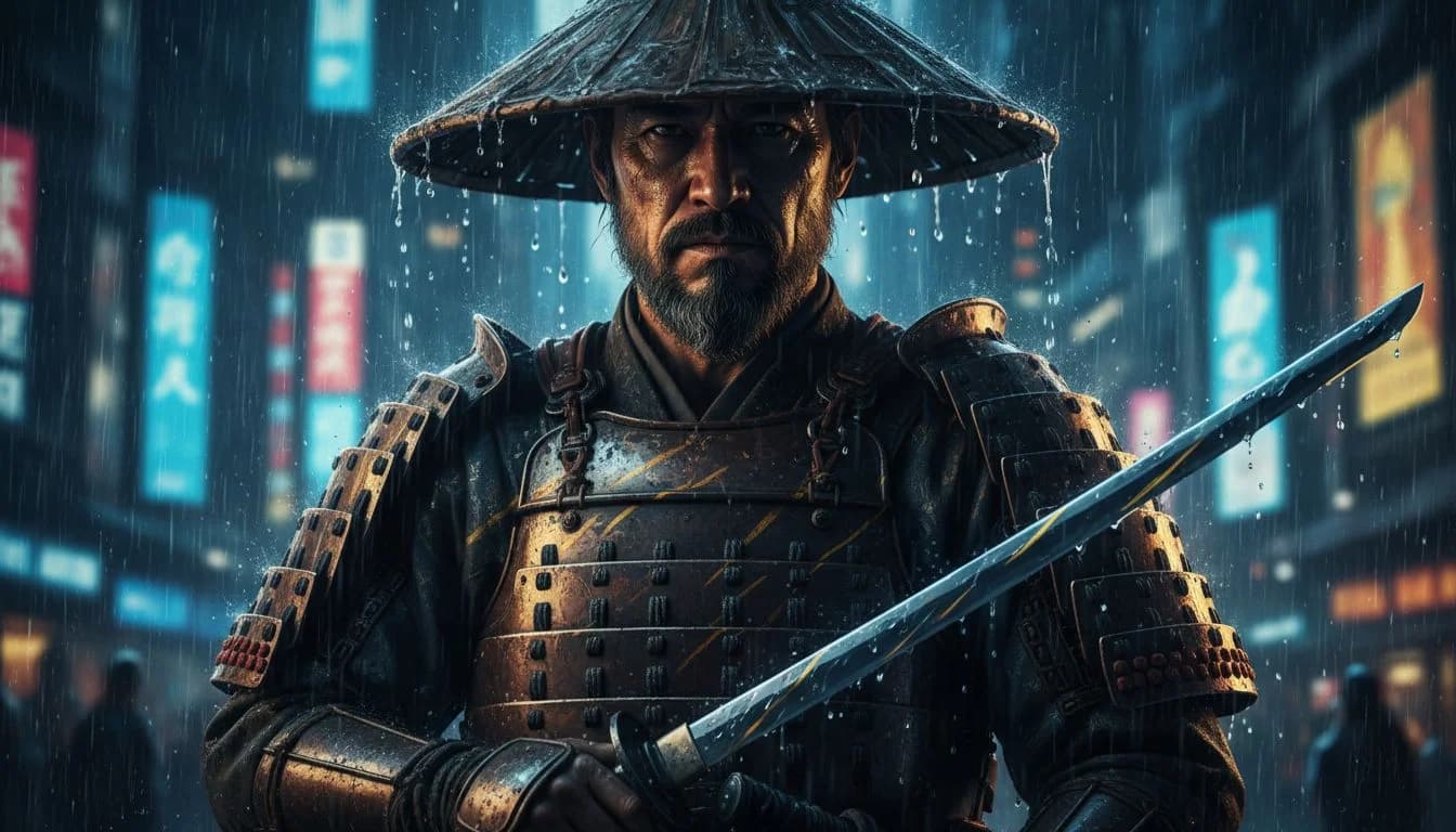 Kling 3.0 AI video model example: stoic samurai under neon city rain with cinematic chiaroscuro lighting