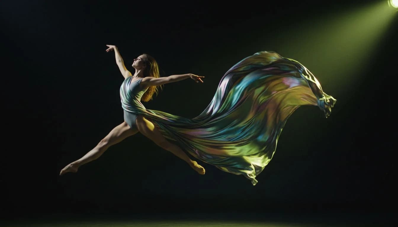 Seedance 2.0 AI video model example: graceful dancer mid-leap with iridescent fabric trailing in neon lime spotlight