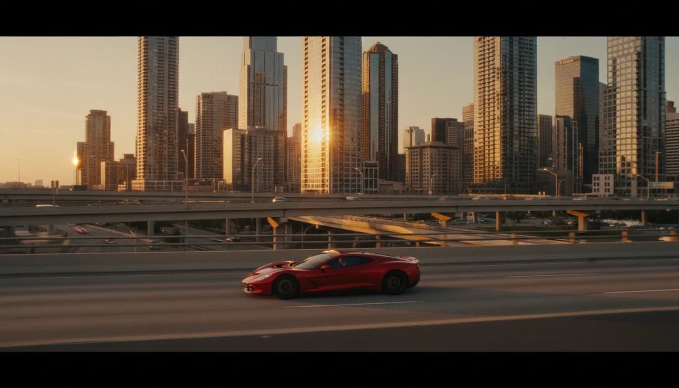 Veo 3.1 Lite AI video model example: sleek city skyline at golden hour with a sports car streaking through